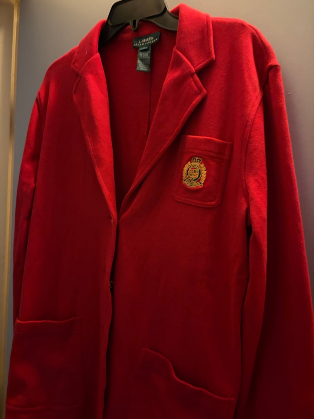 Lauren Ralph Lauren Red Knit Blazer Cardigan with Crest Pocket